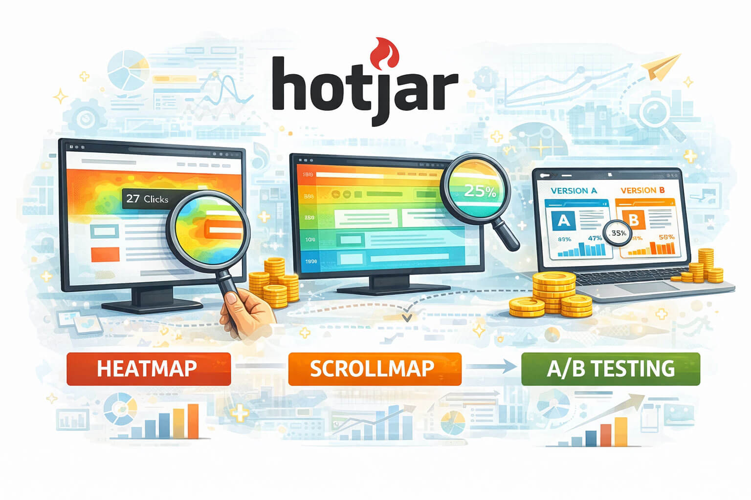 Hotjar و امکاناتی مانند Heatmap، Scrollmap و A B Testing