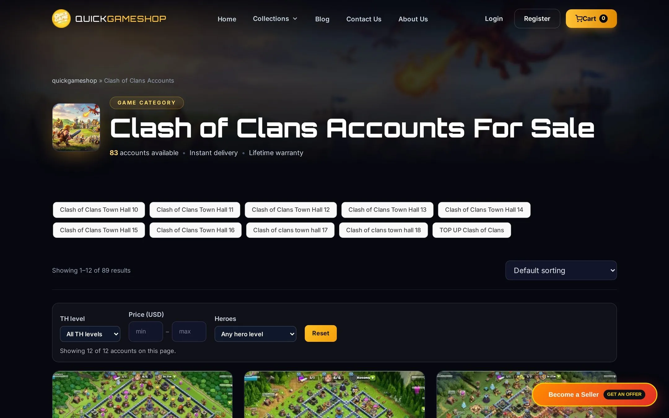 لندینگ مجموعه Clash of Clans Accounts For Sale در QuickGameShop با چیپ&zwnj;های TH10 تا TH18 و فیلترهای خرید