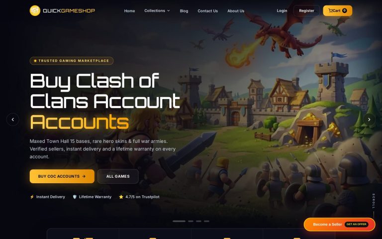 طراحی سایت QuickGameShop؛ صفحه اصلی فروشگاه اکانت کلش آو کلنز با قالب اختصاصی و پیام‌های اعتمادساز