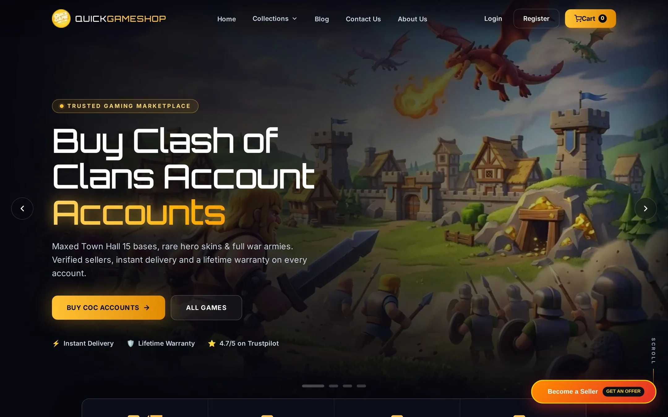 طراحی سایت QuickGameShop؛ صفحه اصلی فروشگاه اکانت کلش آو کلنز با قالب اختصاصی و پیام‌های اعتمادساز