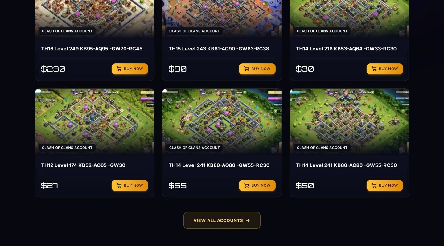 کارت&zwnj;های محصول اکانت کلش آو کلنز در QuickGameShop با قیمت دلاری، سطح Town Hall و دکمه خرید فوری